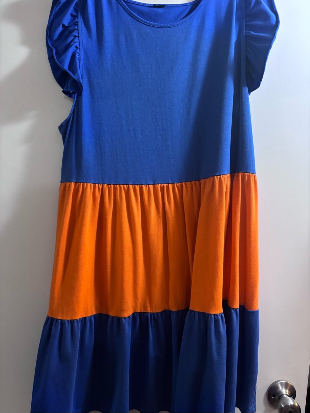 Blue and Orange Tiered Midi Dress with Ruffle Sleeves